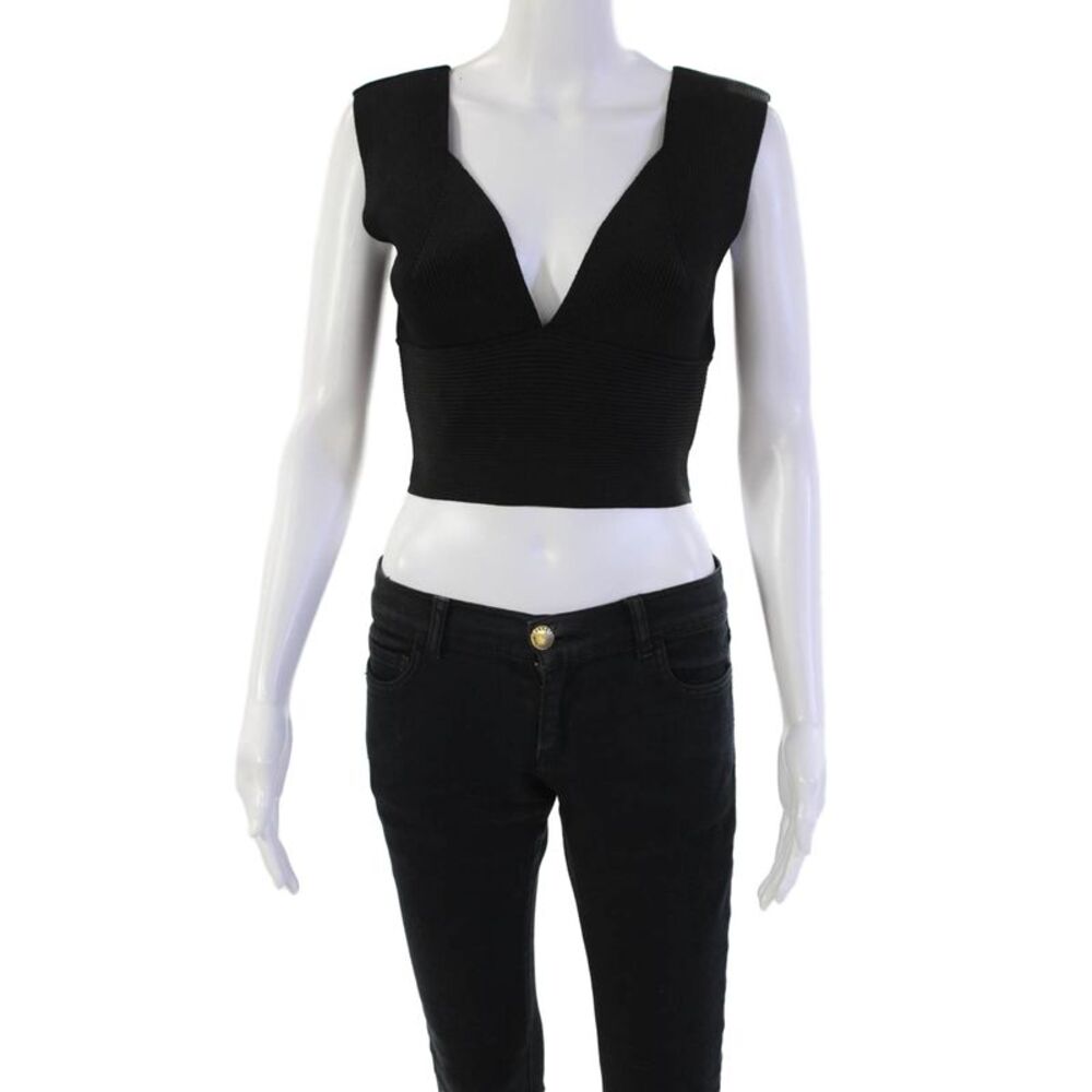 Paola Bernardi Womens Sleeveless Deep V Neck Ribbed Knit Crop Top Black Medium